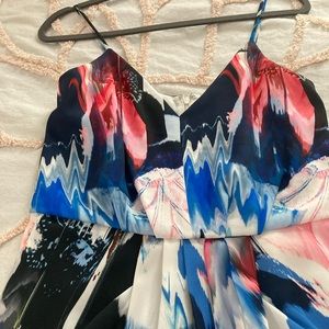 Colorful water color dress tulip hem knee length.